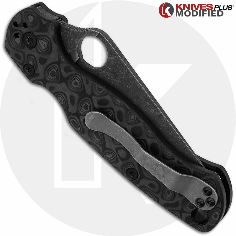 Spyderco Knives MODIFIED Spyderco Para Military 2 Knife With Acid Stonewash Blade + KP Damascus Pattern Carbon Fiber Scales + KP All Black Hardware 5 Spyderco Knives MODIFIED Spyderco Para Military 2 Knife With Acid Stonewash Blade + KP Damascus Pattern Carbon Fiber Scales + KP All Black Hardware - Image 3
