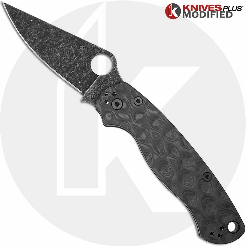Spyderco Knives MODIFIED Spyderco Para Military 2 Knife With Acid Stonewash Blade + KP Damascus Pattern Carbon Fiber Scales + KP All Black Hardware 3 Spyderco Knives MODIFIED Spyderco Para Military 2 Knife With Acid Stonewash Blade + KP Damascus Pattern Carbon Fiber Scales + KP All Black Hardware