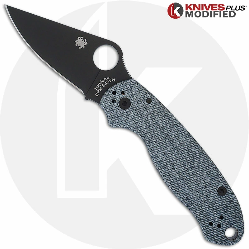 Spyderco Knives MODIFIED Spyderco Para 3 Black DLC Knife + KP Denim Micarta Scales 3 Spyderco Knives MODIFIED Spyderco Para 3 Black DLC Knife + KP Denim Micarta Scales