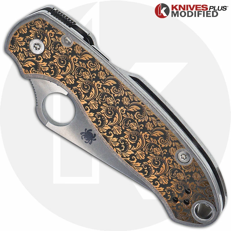 Spyderco Knives MODIFIED Spyderco Para 3 Knife + KP Titanium Floral Engraved Scales 5 Spyderco Knives MODIFIED Spyderco Para 3 Knife + KP Titanium Floral Engraved Scales - Image 3